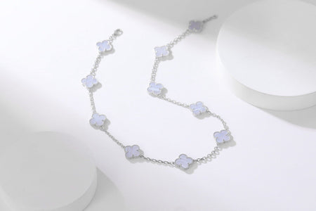 [🌹Rose💎]CLOVER 10 MOTIFS PURPLE CHALCEDONY  NECKLACE SILVER