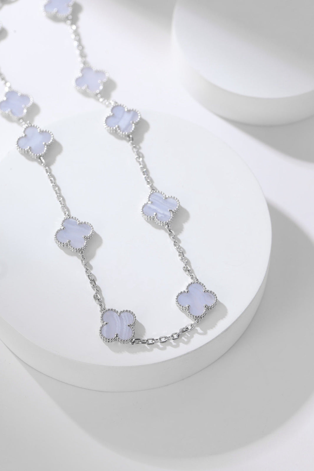 [🌹Rose💎]CLOVER 10 MOTIFS PURPLE CHALCEDONY  NECKLACE SILVER