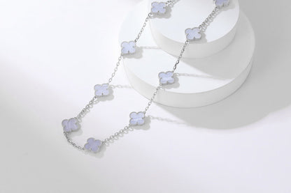 [🌹Rose💎]CLOVER 10 MOTIFS PURPLE CHALCEDONY  NECKLACE SILVER