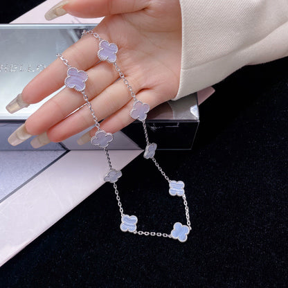 [🌹Rose💎]CLOVER 10 MOTIFS PURPLE CHALCEDONY  NECKLACE SILVER
