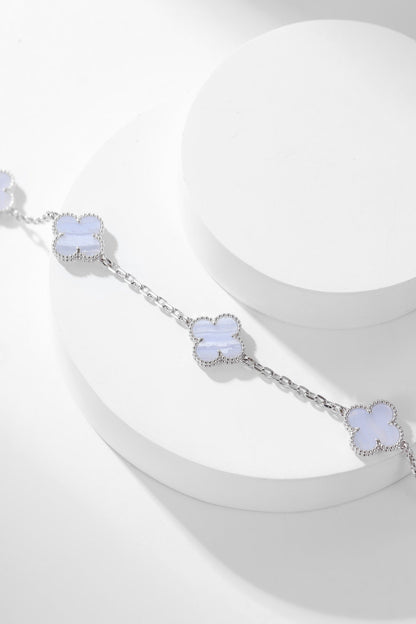 [🌹Rose💎]CLOVER 10 MOTIFS PURPLE CHALCEDONY  NECKLACE SILVER