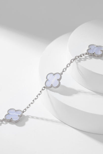 [🌹Rose💎]CLOVER 10 MOTIFS PURPLE CHALCEDONY  NECKLACE SILVER