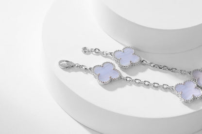 [🌹Rose💎]CLOVER 10 MOTIFS PURPLE CHALCEDONY  NECKLACE SILVER