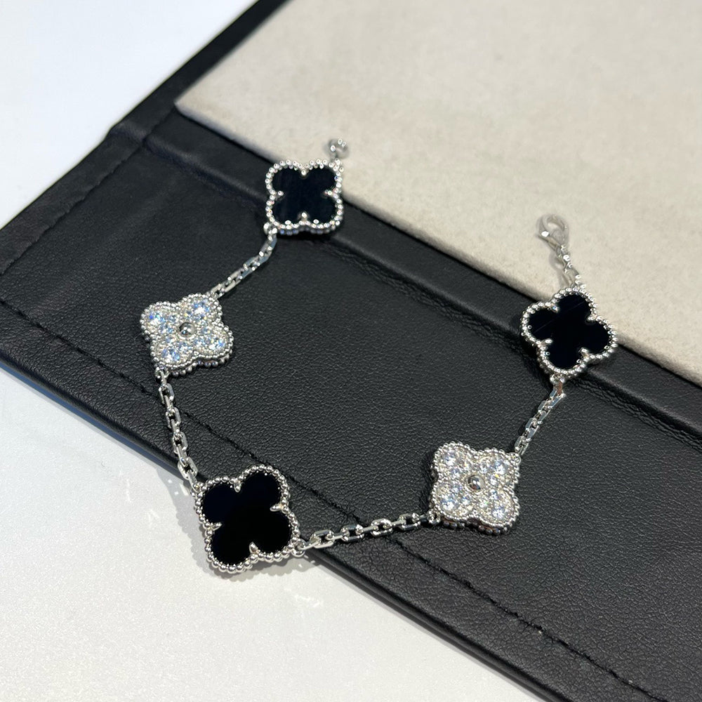 [🌹Rose💎]CLOVER 5 MOTIF ONYXS DIAMOND BRACELET SILVER