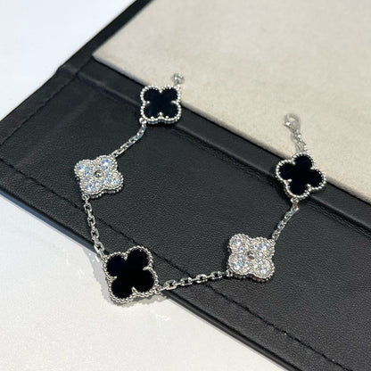[Rose Jewelrys]CLOVER 5 MOTIF ONYXS DIAMOND BRACELET SILVER