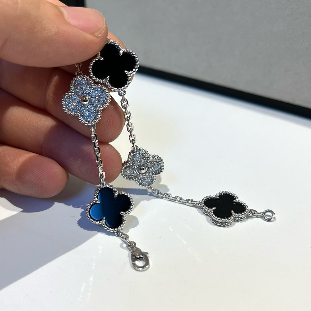 [Rose Jewelrys]CLOVER 5 MOTIF ONYXS DIAMOND BRACELET SILVER