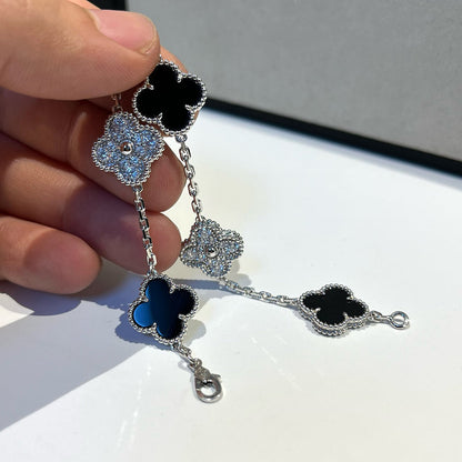 [Rose Jewelrys]CLOVER 5 MOTIF ONYXS DIAMOND BRACELET SILVER
