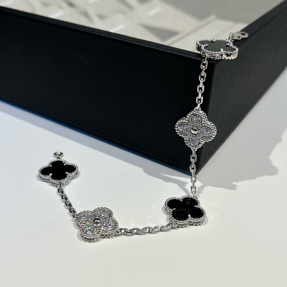 [Rose Jewelrys]CLOVER 5 MOTIF ONYXS DIAMOND BRACELET SILVER