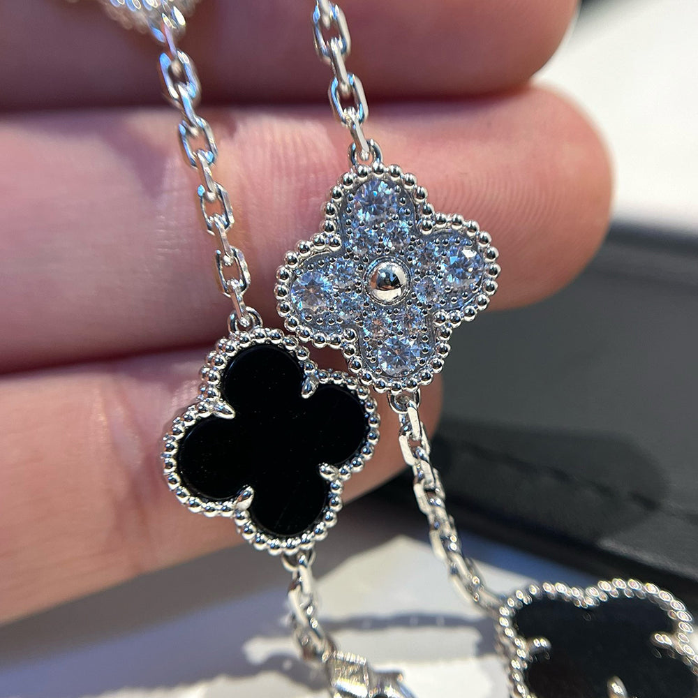 [Rose Jewelrys]CLOVER 5 MOTIF ONYXS DIAMOND BRACELET SILVER