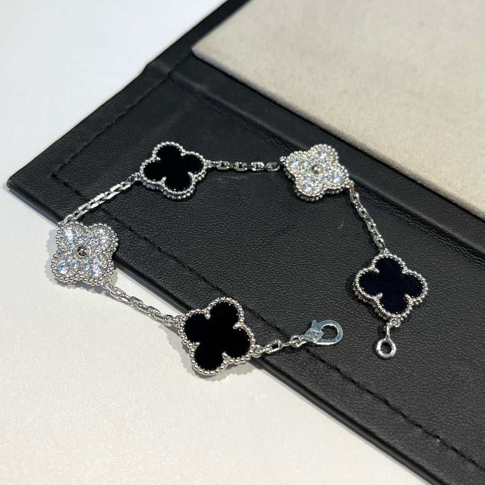 [Rose Jewelrys]CLOVER 5 MOTIF ONYXS DIAMOND BRACELET SILVER