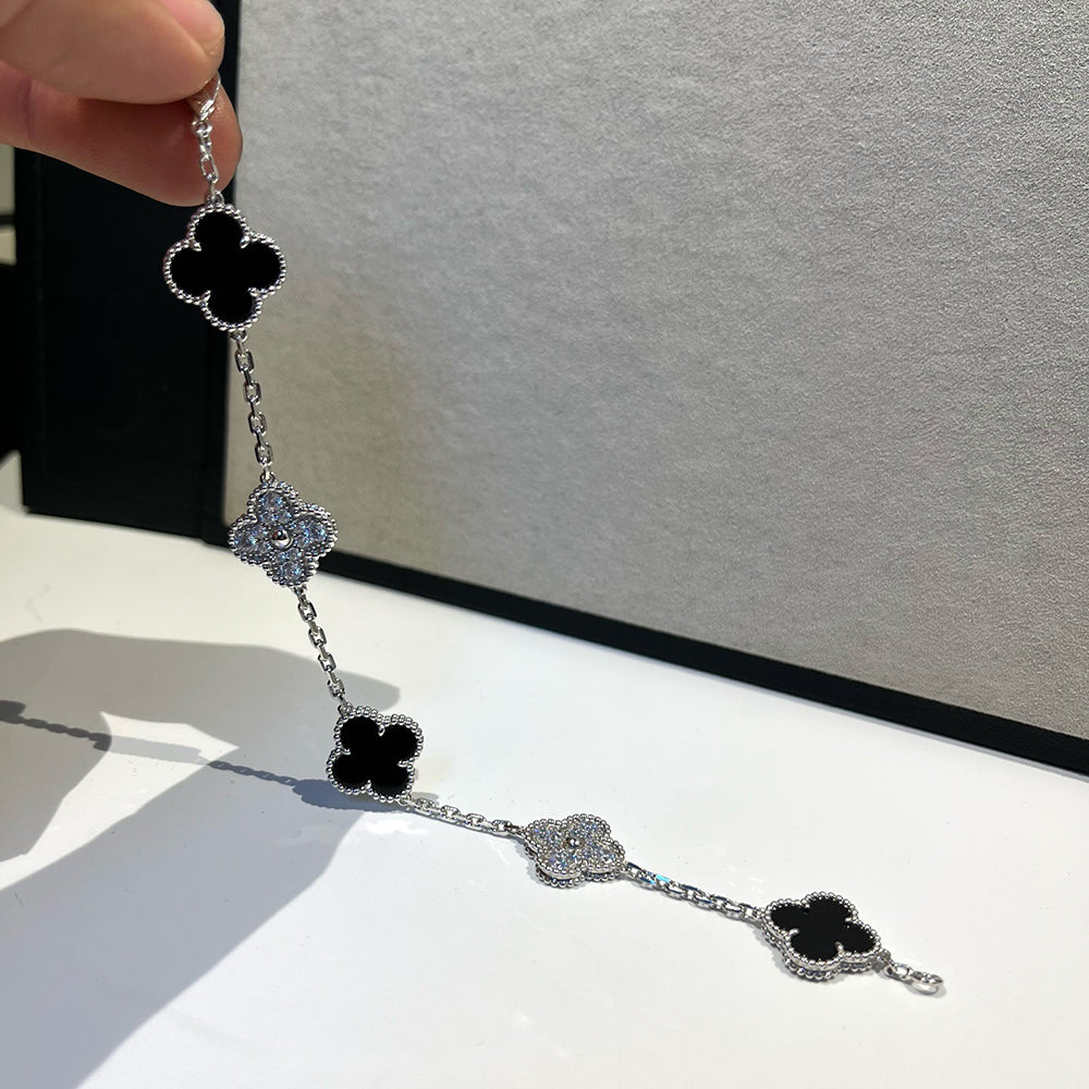 [Rose Jewelrys]CLOVER 5 MOTIF ONYXS DIAMOND BRACELET SILVER