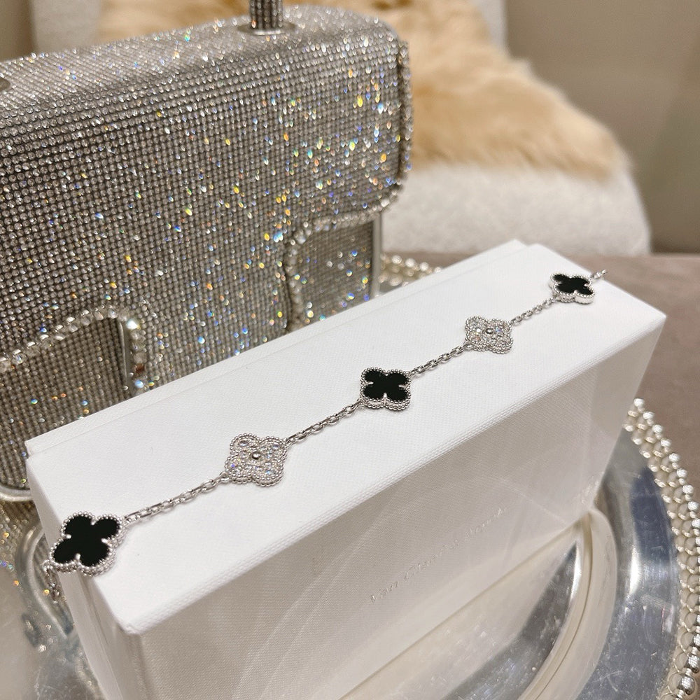 [Rose Jewelrys]CLOVER 5 MOTIF ONYXS DIAMOND BRACELET SILVER