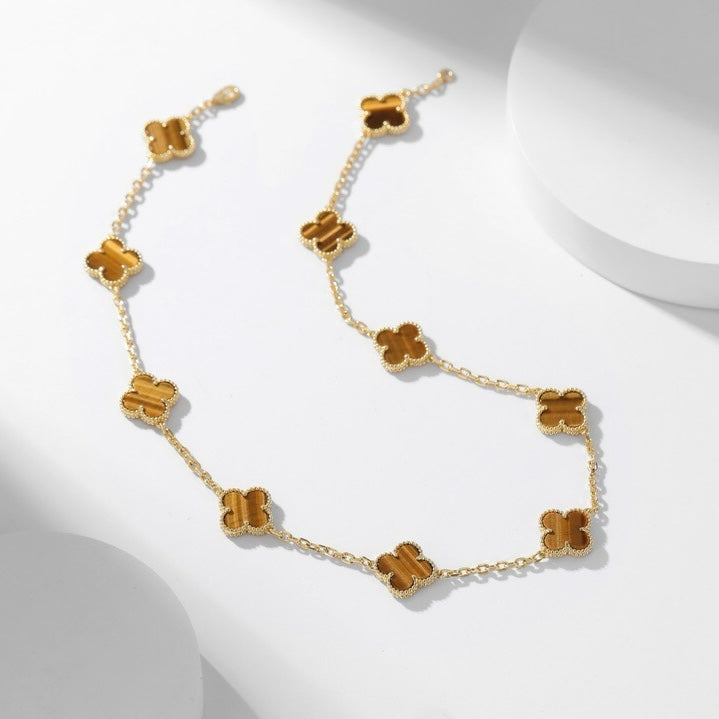 [Rose Jewelrys]CLOVER 10 MOTIFS TIGER EYE NECKLACE