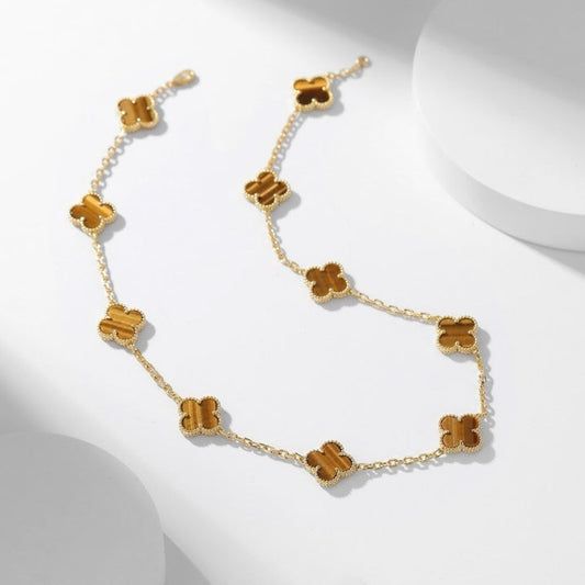 [Rose Jewelrys]CLOVER 10 MOTIFS TIGER EYE NECKLACE