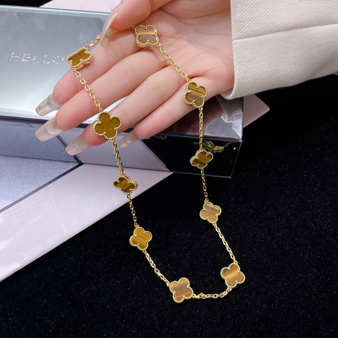 [Rose Jewelrys]CLOVER 10 MOTIFS TIGER EYE NECKLACE