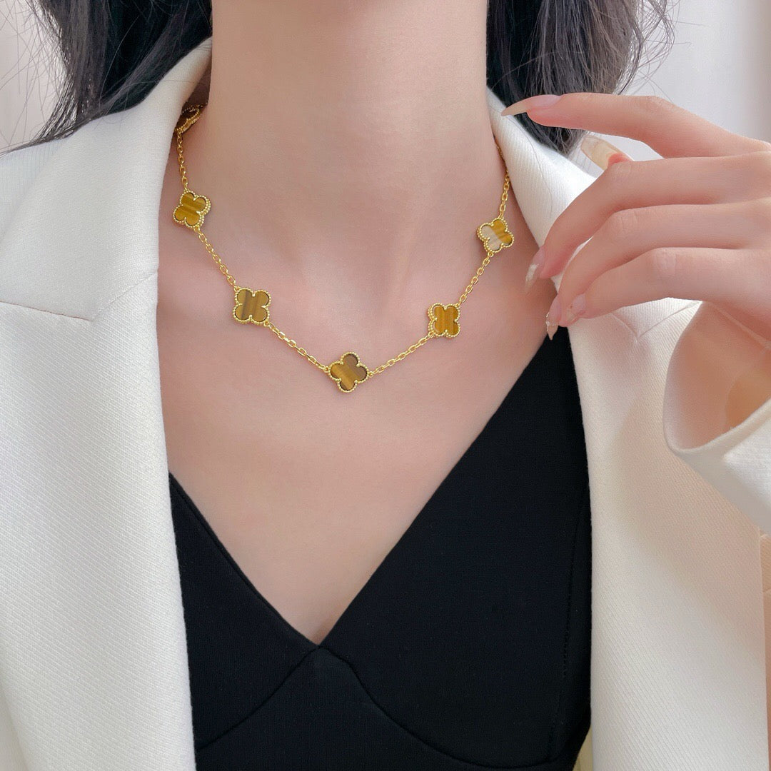 [Rose Jewelrys]CLOVER 10 MOTIFS TIGER EYE NECKLACE