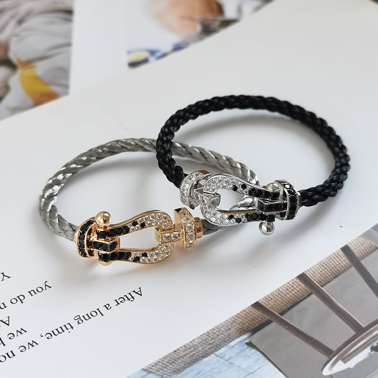 [Rose Jewelrys]FORCE LARGE HORSESHOE BLACK WHITE DIAMOND BRACELET ROSE GOLD