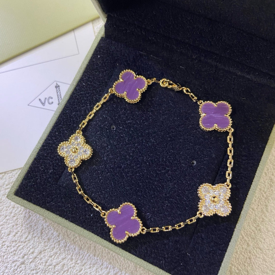 [🌹Rose💎]CLOVER  5 MOTIFS  PURPLE VIOLET DIAMOND BRACELET