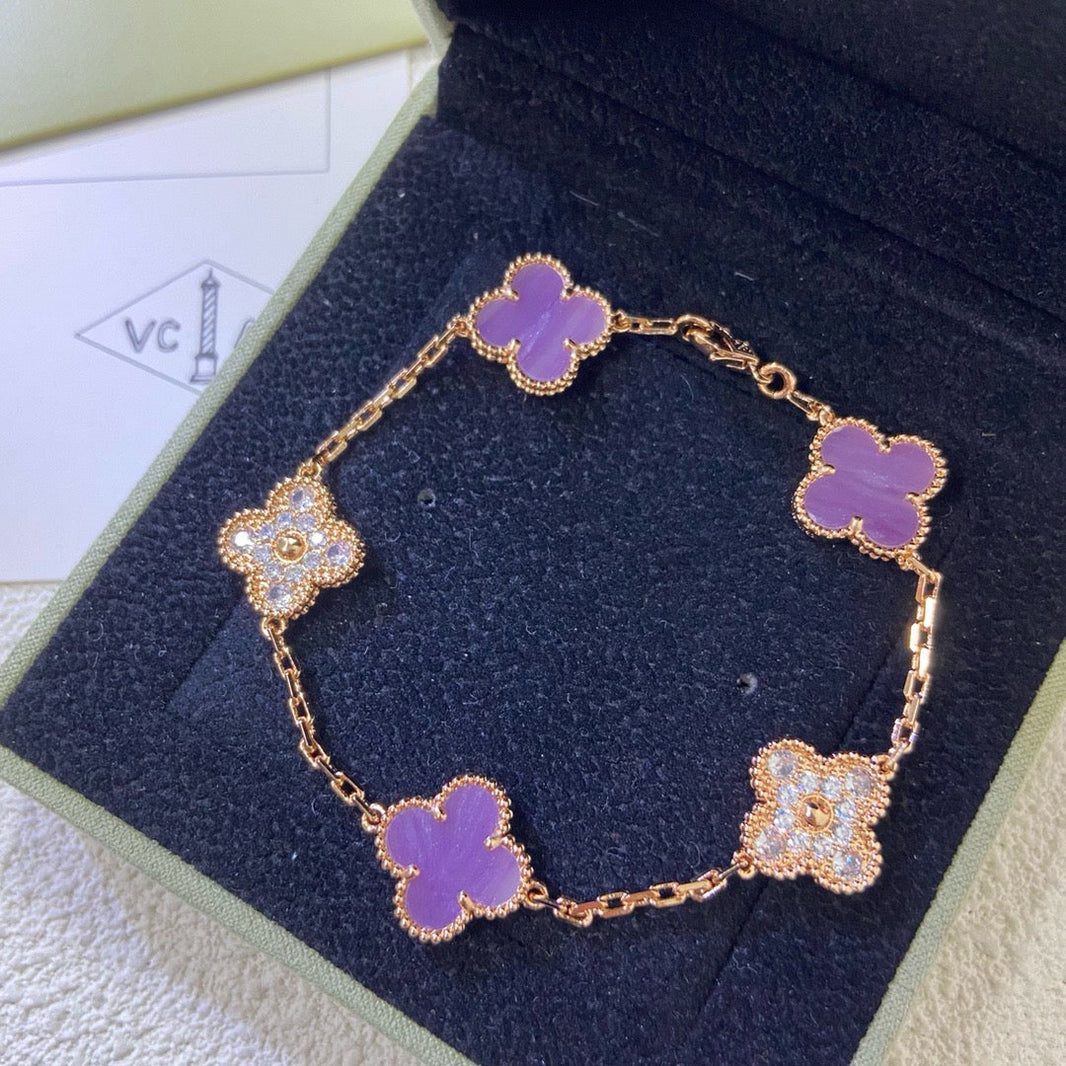 [🌹Rose💎]CLOVER  5 MOTIFS  PURPLE VIOLET DIAMOND BRACELET