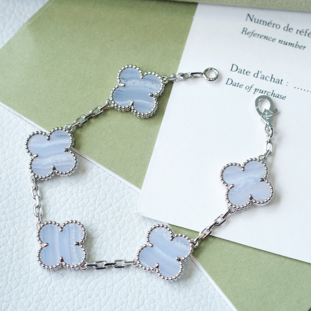 [🌹Rose💎]CLOVER  5 MOTIF PURPLE CHALCEDONY BRACELET SILVER