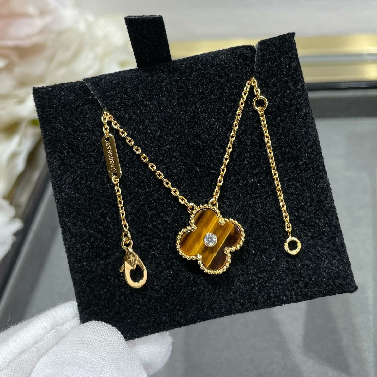 [Rose Jewelrys]CLOVER 15MM DIAMOND AND YELLOW TIGER'S EYE AGATE necklace