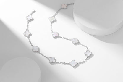 [Rose Jewelrys] Clover 10 Flower White Mother of Pearl Necklace. Silver.