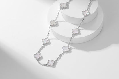[Rose Jewelrys] Clover 10 Flower White Mother of Pearl Necklace. Silver.