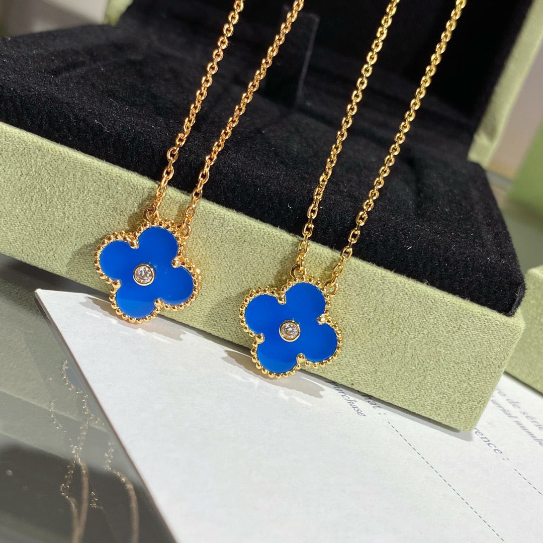 [Rose Jewelrys]CLOVER 15MM DIAMOND AND BLUE AGATE NECKLACE