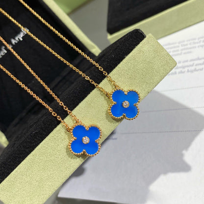[Rose Jewelrys]CLOVER 15MM DIAMOND AND BLUE AGATE NECKLACE