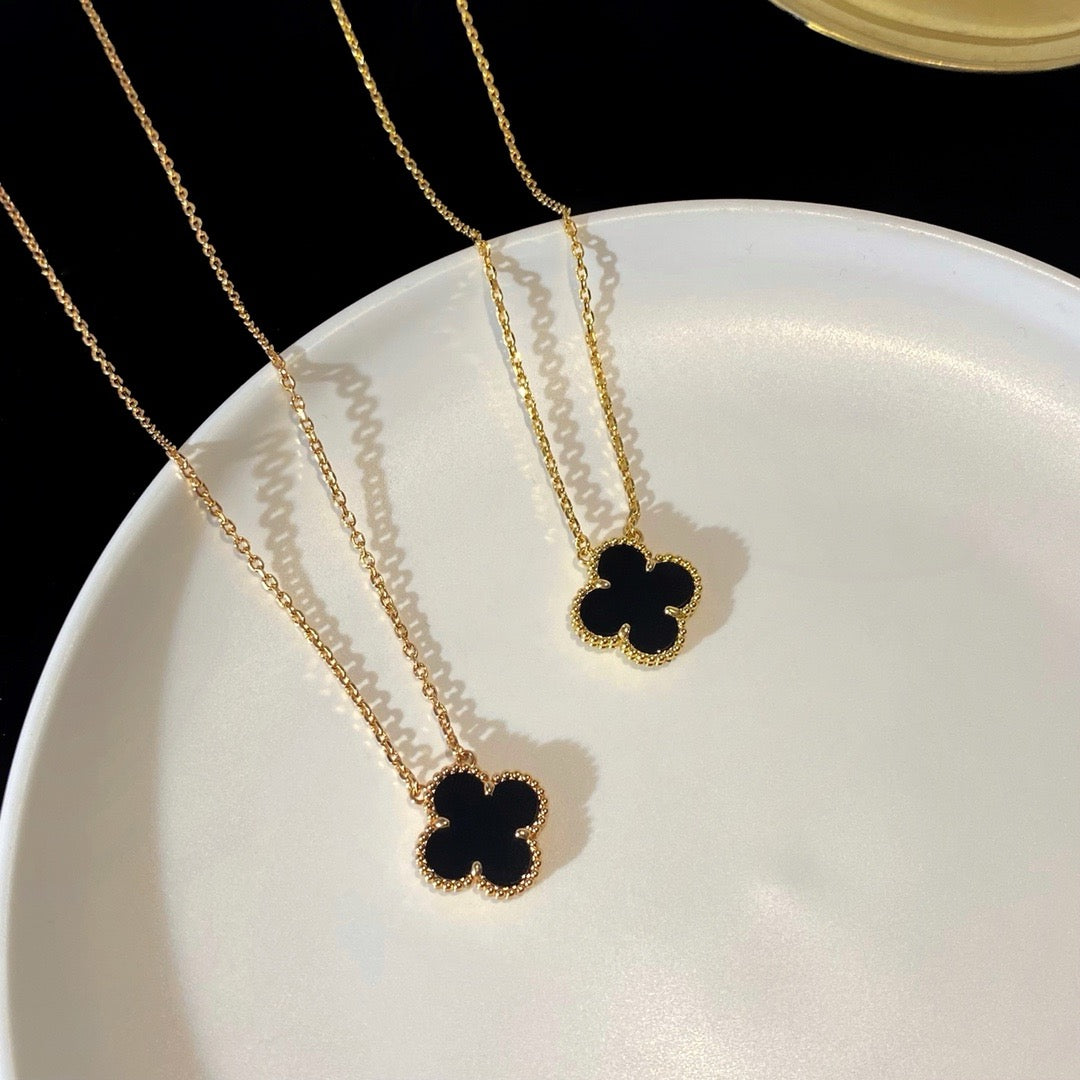 [Rose Jewelrys]CLOVER 15MM BLACK ONYX SINGLE FLOWER NECKLACE