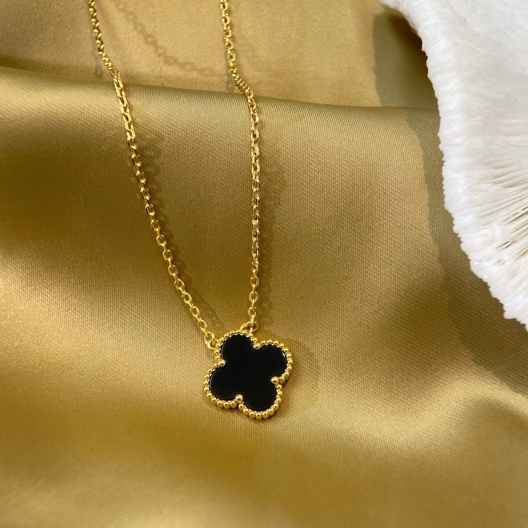 [Rose Jewelrys]CLOVER 15MM BLACK ONYX SINGLE FLOWER NECKLACE