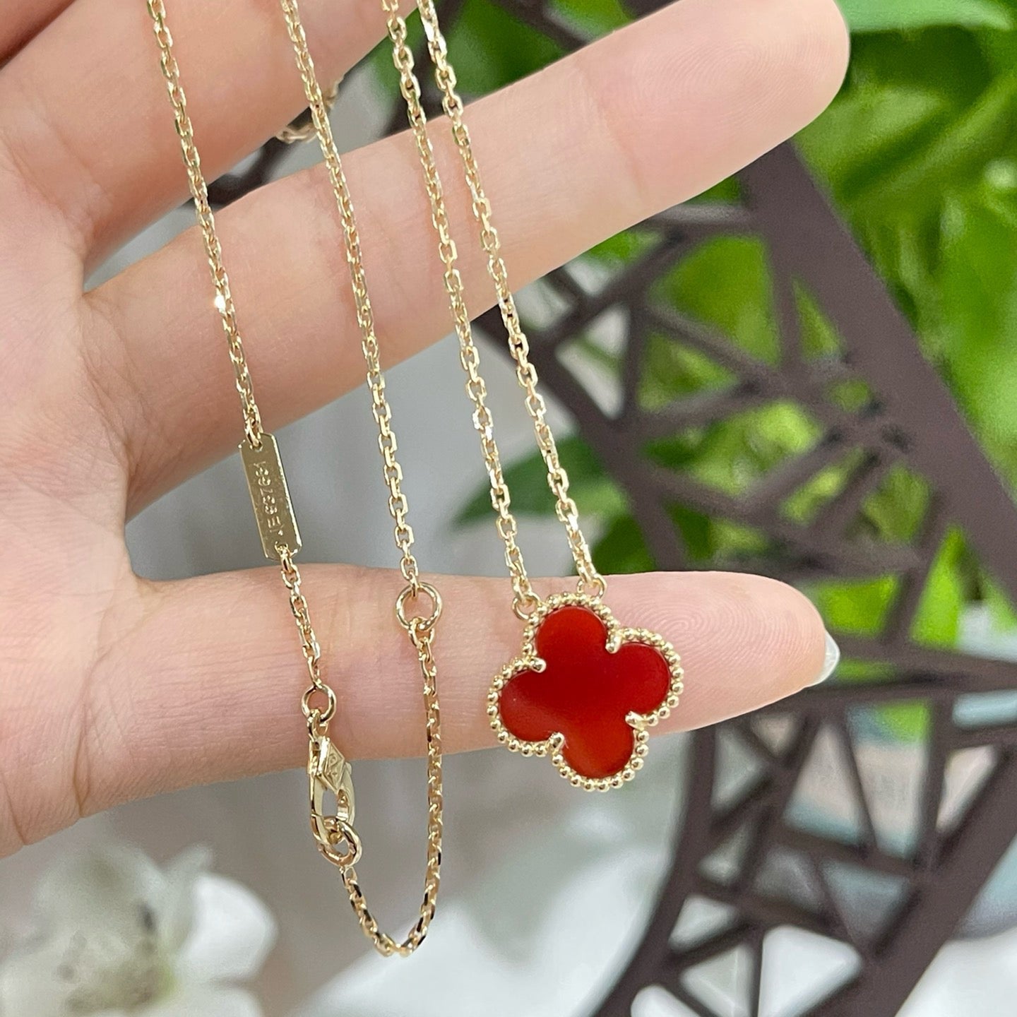 [Rose Jewelrys]CLOVER 15MM CARNELIAN SINGLE FLOWER NECKLACE