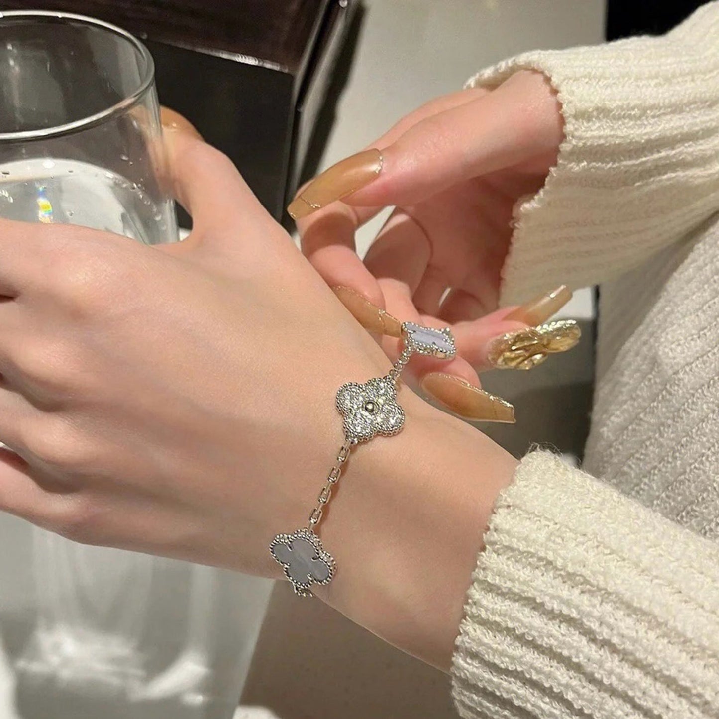 [Rose Jewelrys]CLOVER  5 MOTIF DIAMOND PURPLE CHALCEDONY BRACELET SILVER