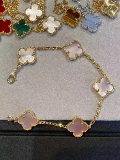 [🌹Rose💎] CLOVER 10 MOTIFS PINK MOTHER OF PEARL SET NECKLACE (INCLUDES NECKLACE, BRACELET, EARRINGS)