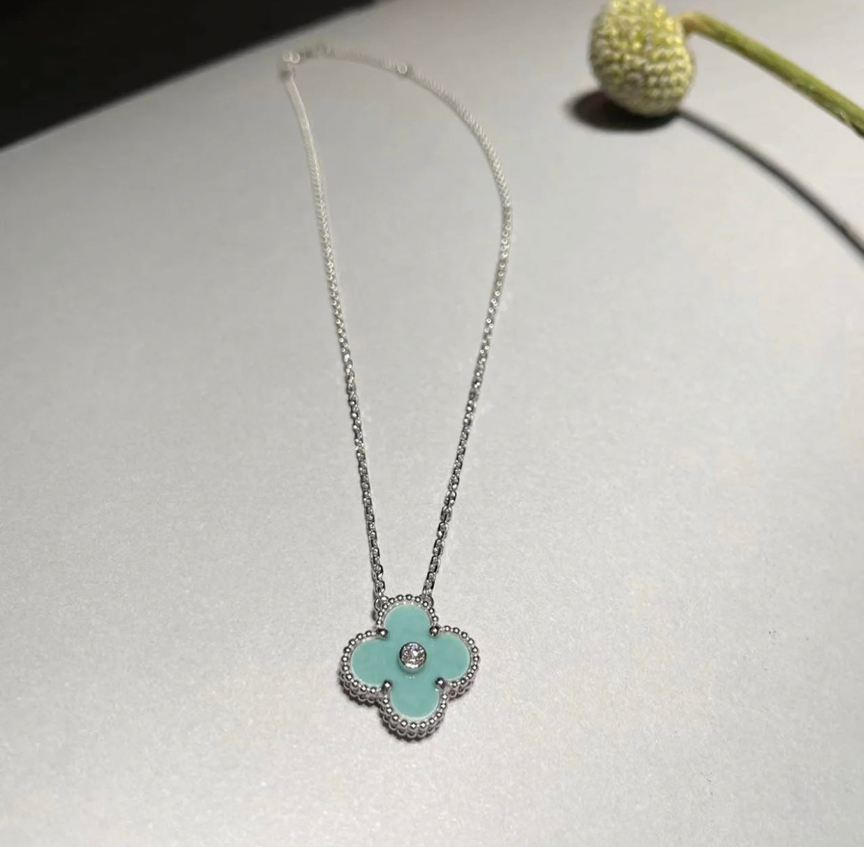 [Rose Jewelrys]CLOVER 1 DIAMOND LIGHT BLUE SILVER NECKLACE