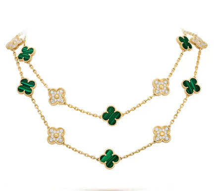 [🌹Rose💎]CLOVER 20 MOTIFS MALACHITE DIAMOND NECKLACE
