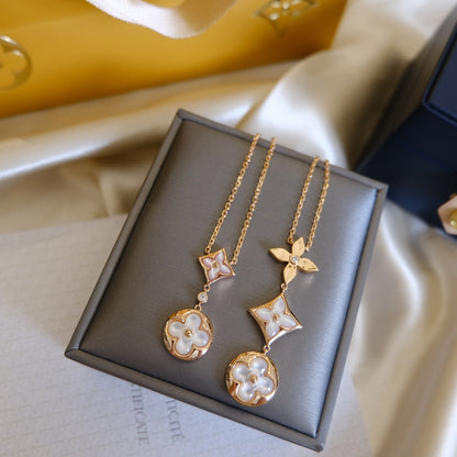 []COLOR BLOSSOM LARIAT NECKLACE PINK GOLD WHITE MOTHER PEARL AND DIAMOND