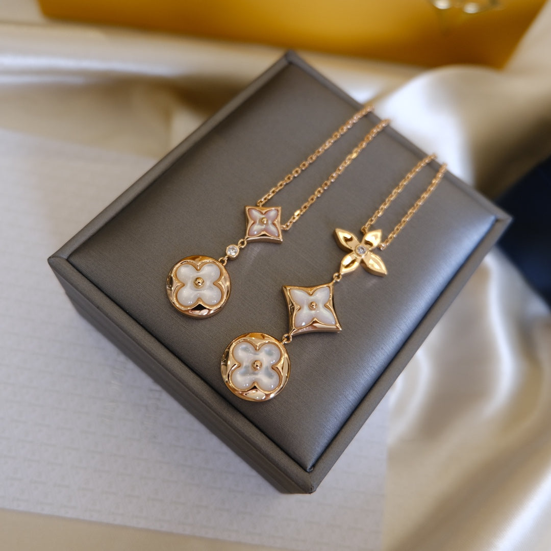 []COLOR BLOSSOM LARIAT NECKLACE PINK GOLD WHITE MOTHER PEARL AND DIAMOND