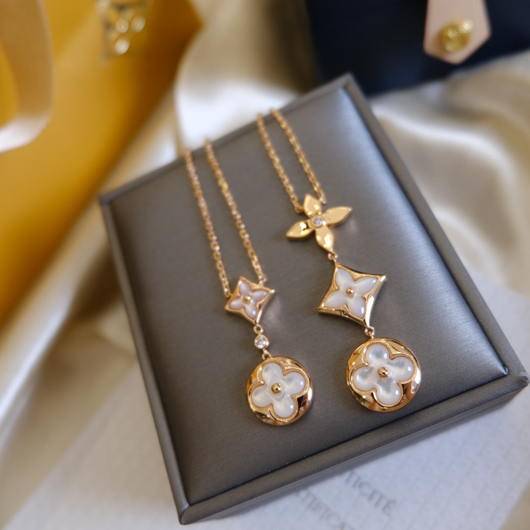 []COLOR BLOSSOM LARIAT NECKLACE PINK GOLD WHITE MOTHER PEARL AND DIAMOND