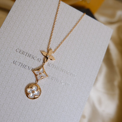 []COLOR BLOSSOM LARIAT NECKLACE PINK GOLD WHITE MOTHER PEARL AND DIAMOND