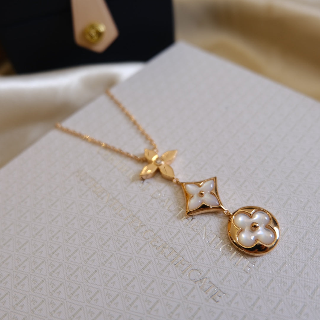 []COLOR BLOSSOM LARIAT NECKLACE PINK GOLD WHITE MOTHER PEARL AND DIAMOND