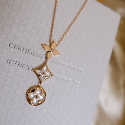 []COLOR BLOSSOM LARIAT NECKLACE PINK GOLD WHITE MOTHER PEARL AND DIAMOND