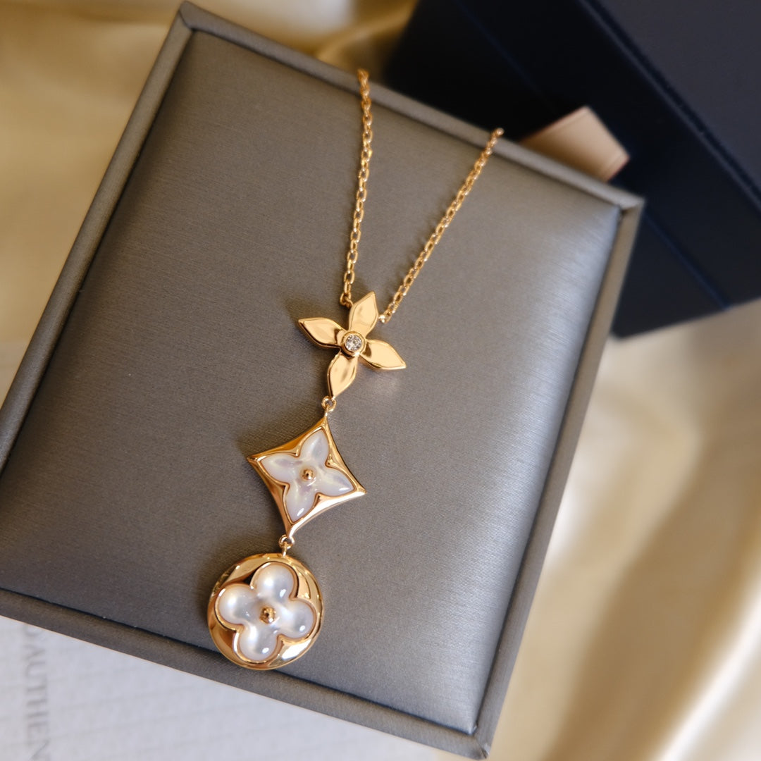 []COLOR BLOSSOM LARIAT NECKLACE PINK GOLD WHITE MOTHER PEARL AND DIAMOND