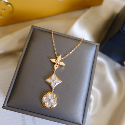 []COLOR BLOSSOM LARIAT NECKLACE PINK GOLD WHITE MOTHER PEARL AND DIAMOND