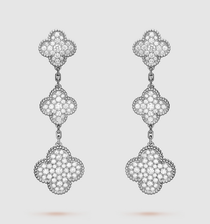 []CLOVER 3 MOTIF DIAMOND SILVER DROP EARRINGS