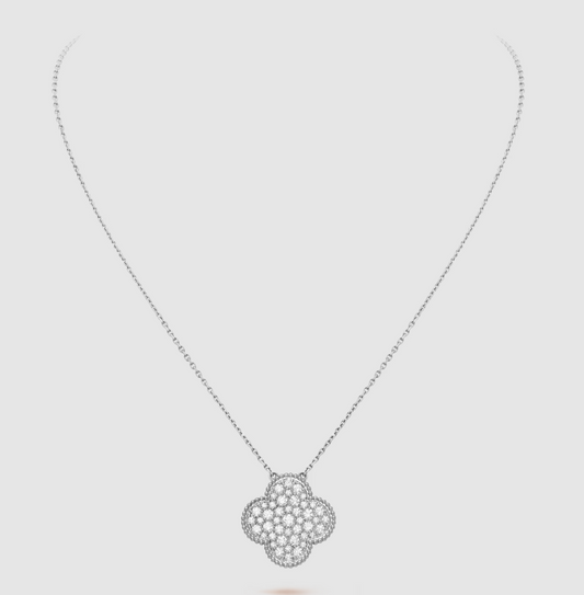 [Rose Jewelrys]CLOVER 25MM LARGE PENDANT DIAMOND PAVED SILVER NECKLACE