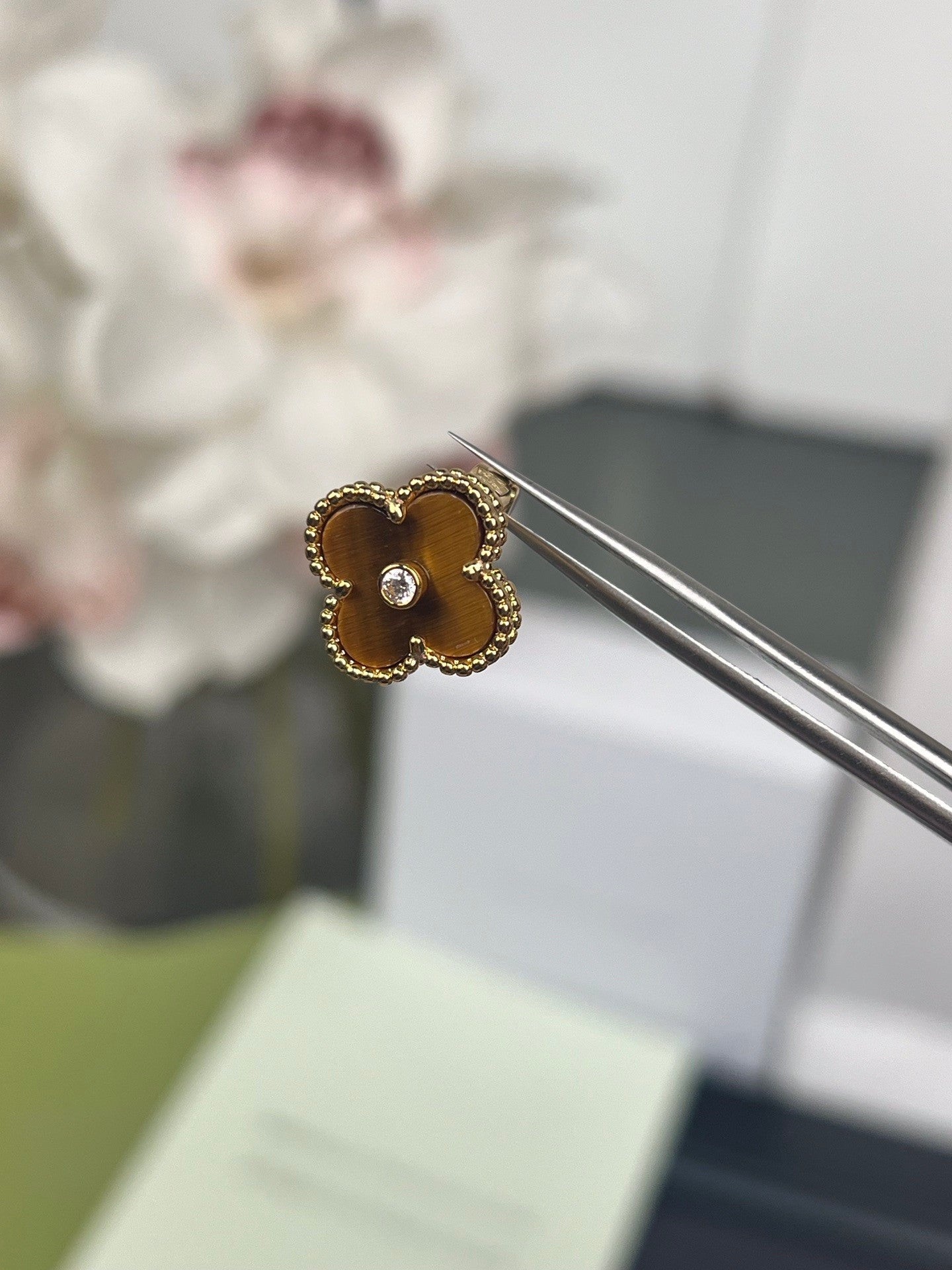 [Rose Jewelry]CLOVER MEDIUM 1 MOTIFS TIGER EYE  DIAMOND  EARRINGS