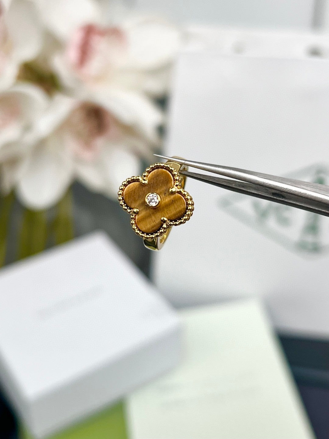 [Rose Jewelrys]CLOVER TIGER'S EYE RING GOLD DIAMOND