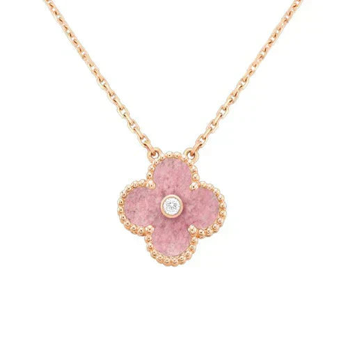 [🌹Rose💎]CLOVER 15MM DIAMOND RHODONITE NECKLACE