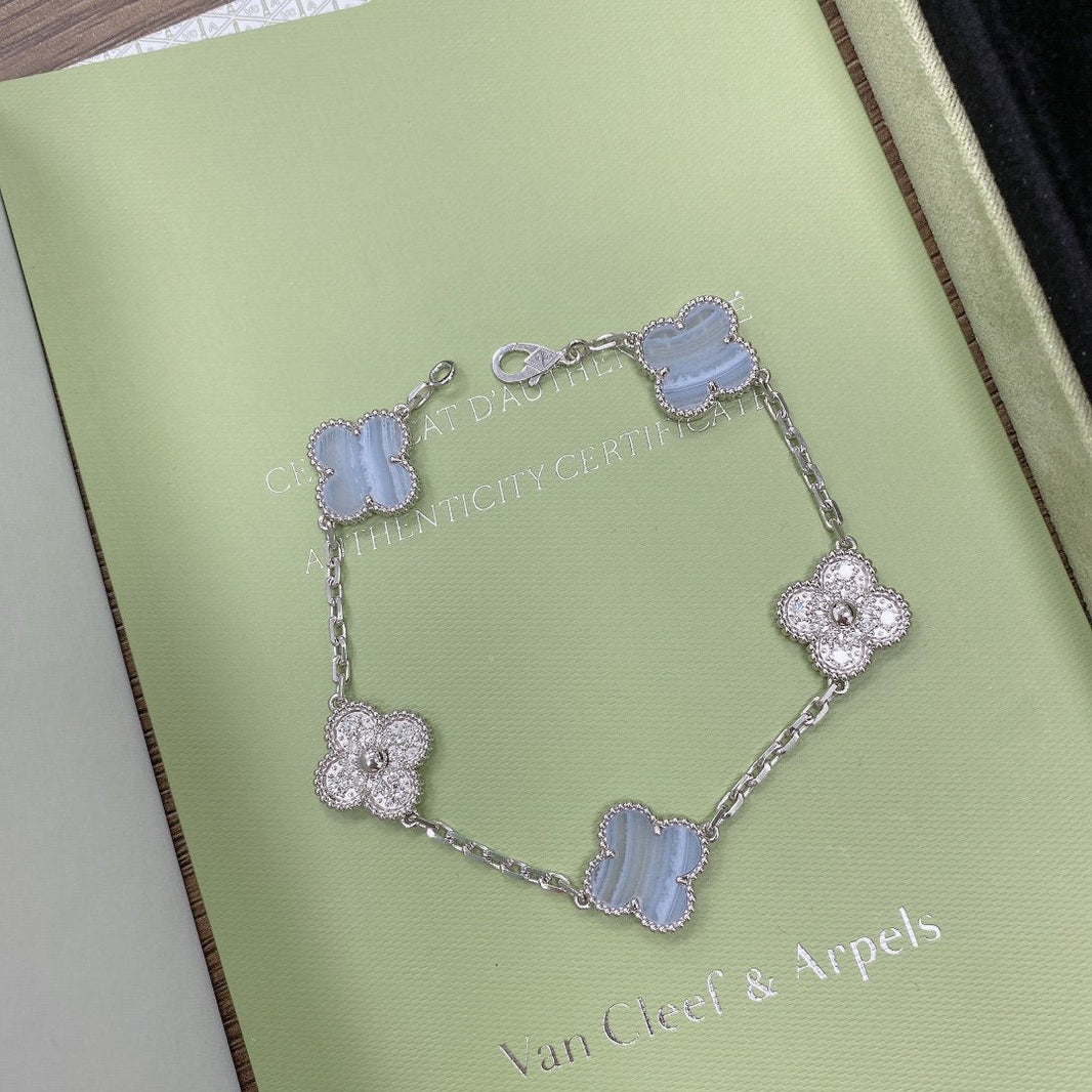 [🌹Rose💎]CLOVER  5 MOTIF DIAMOND PURPLE CHALCEDONY BRACELET SILVER